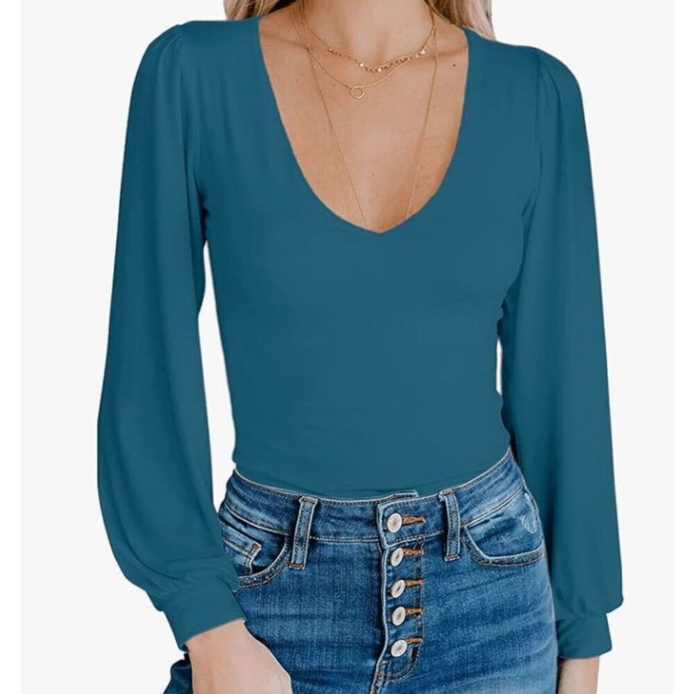 Women Plain Long Sleeve Slim Fit Bodysuits Basic V Neck Casual Jumpsuit Teal- si